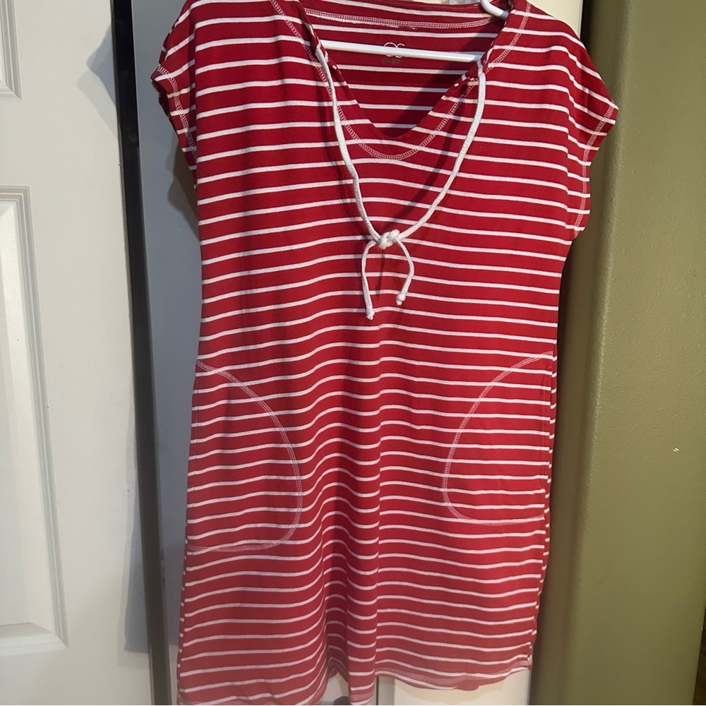 August Silk Red and White Striped Top Keyhole Dress, SZ L.